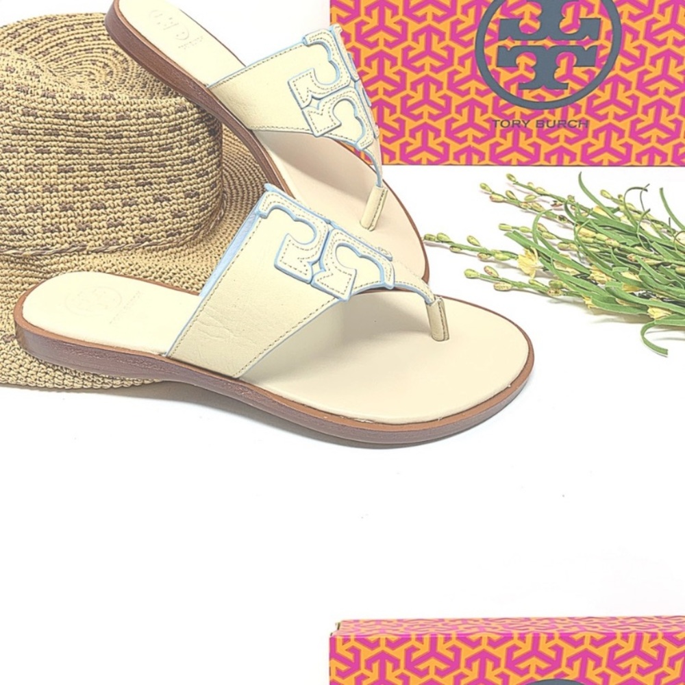 Tory Burch 43059 Jamie Full Logo Thong Sandal Tan Blue Size 8